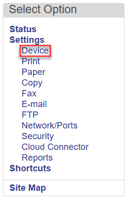 Screenshot displaying the Device tab under Select Option